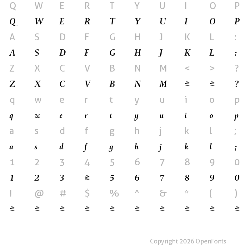 Character Map of FONTSPRING DEMO - Cattigan Semibold Italic