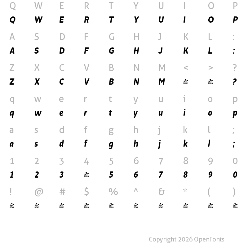 Character Map of FONTSPRING DEMO - Cavita Rounded 2 Italic