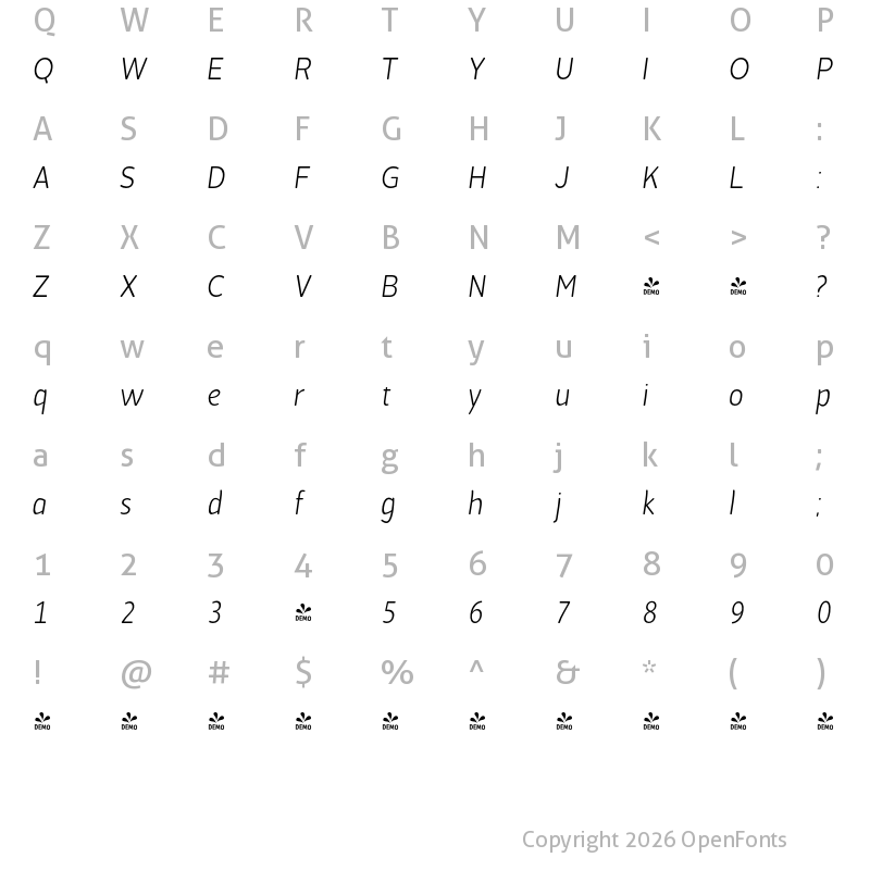 Character Map of FONTSPRING DEMO - Cavita Rounded Light Italic