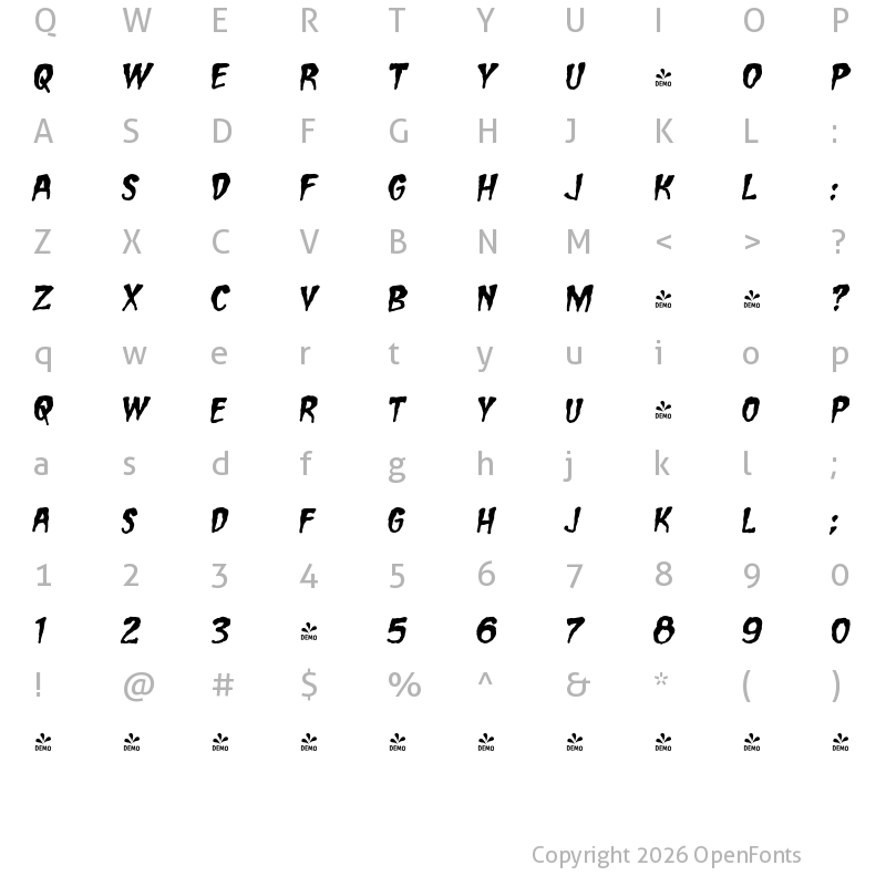 Character Map of FONTSPRING DEMO - CCCarryOnScreaming Bold Italic