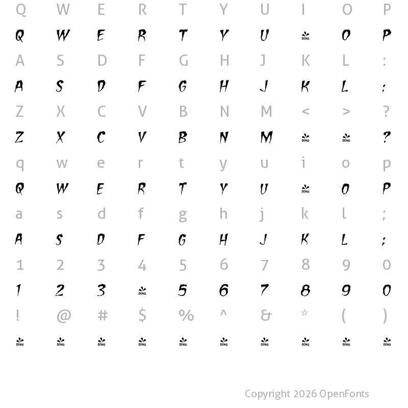 Character Map of FONTSPRING DEMO - CCCarryOnScreaming Italic