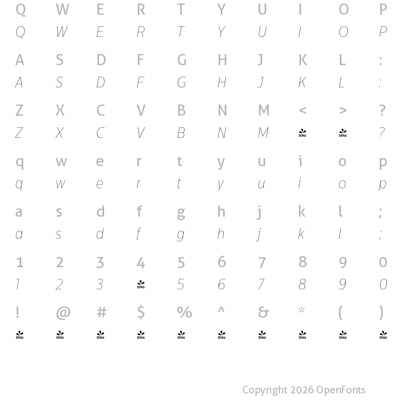 Character Map of FONTSPRING DEMO - CentraleSansCndPro XThin XThin Italic