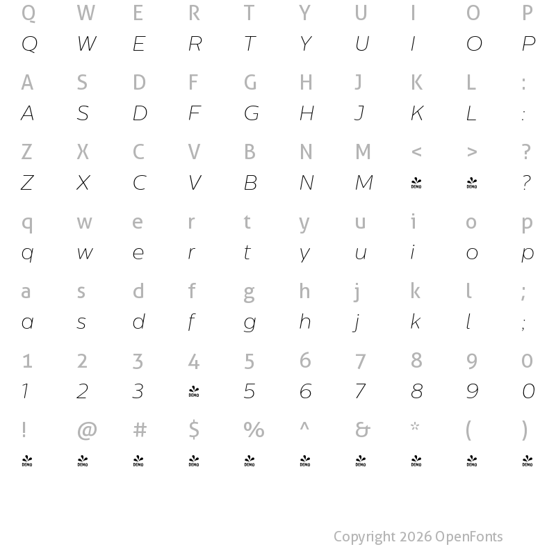 Character Map of FONTSPRING DEMO - CentraleSansRnd Thin Italic
