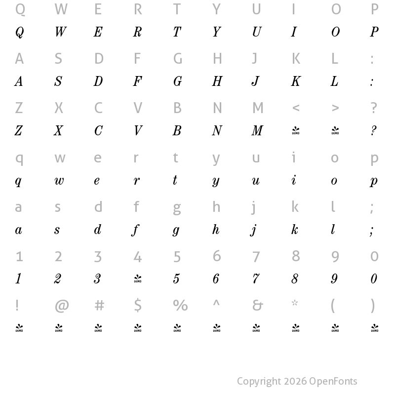 Character Map of FONTSPRING DEMO - Century Modern FS Cd Italic