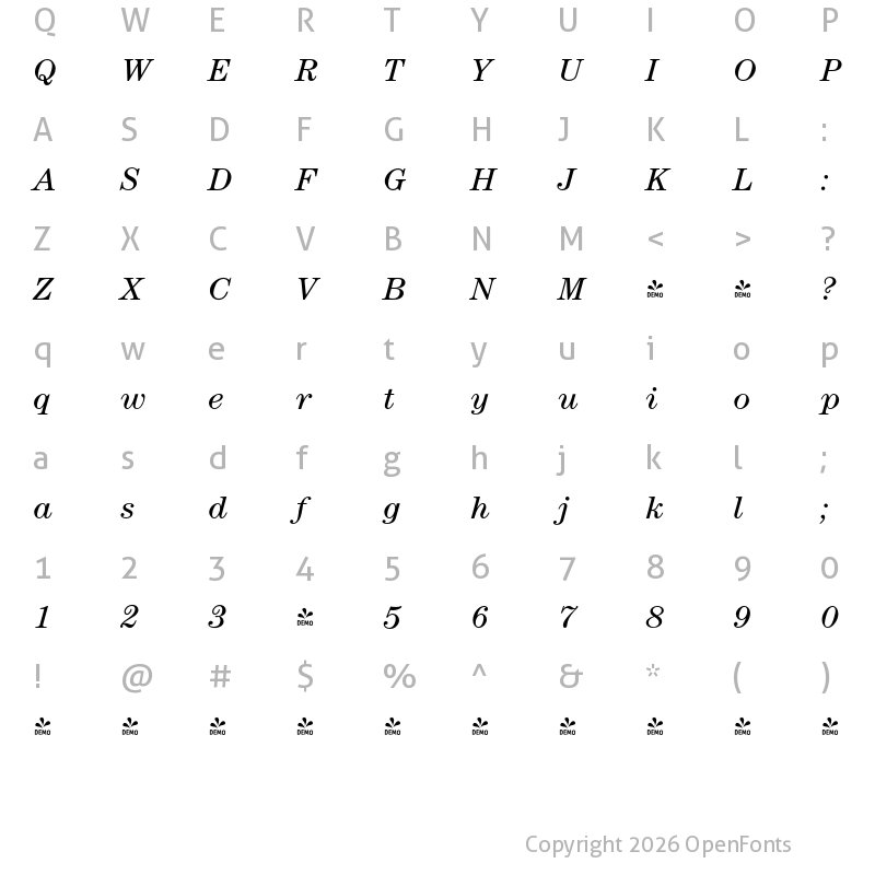Character Map of FONTSPRING DEMO - Century Modern FS Italic