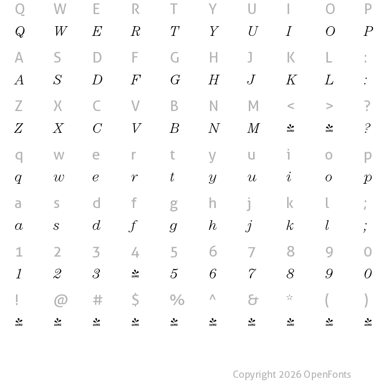 Character Map of FONTSPRING DEMO - Century Modern FS Light Italic