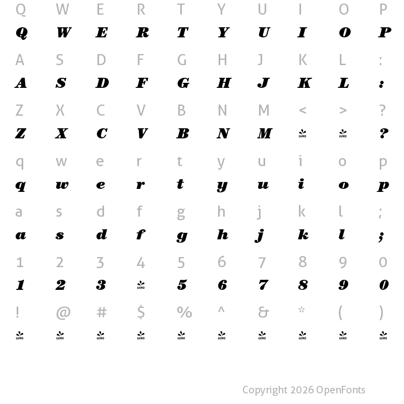 Character Map of FONTSPRING DEMO - Century Modern FS Ultra Italic