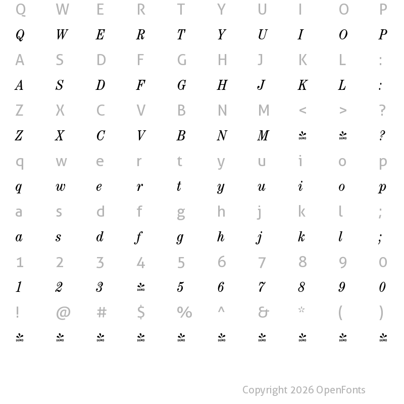 Character Map of FONTSPRING DEMO - Century Nova Pro Cd Italic