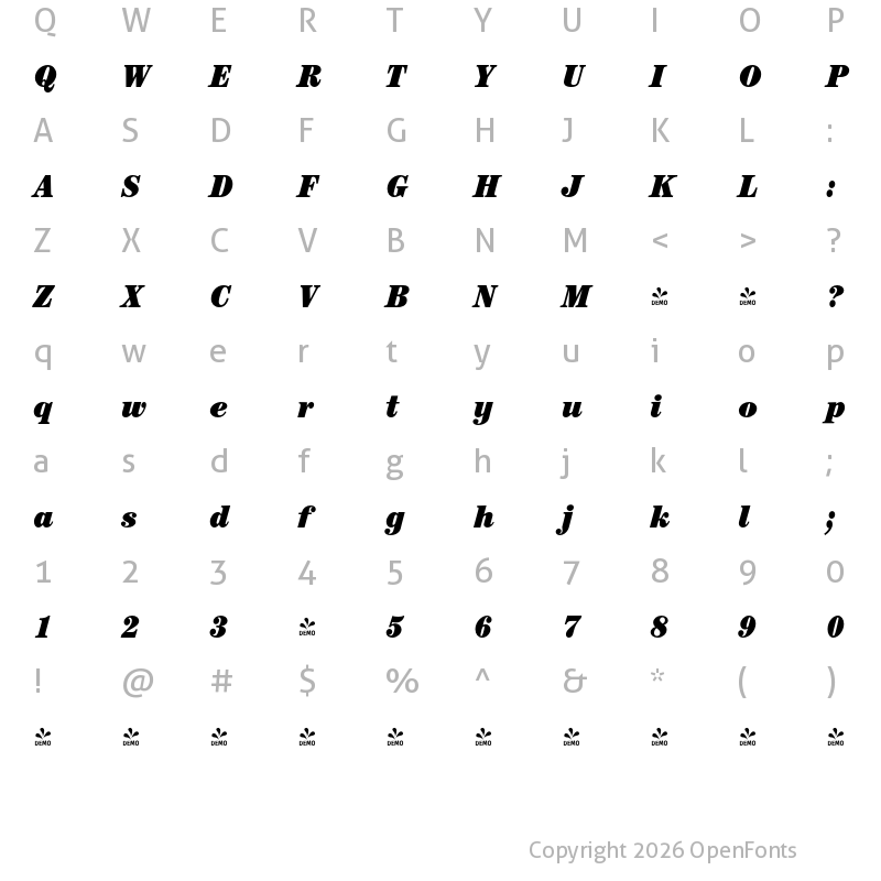 Character Map of FONTSPRING DEMO - Century Nova Pro Cd Ultra Italic