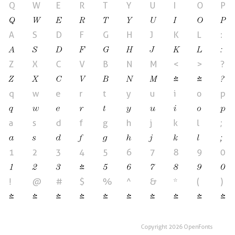 Character Map of FONTSPRING DEMO - Century Nova Pro Light Italic