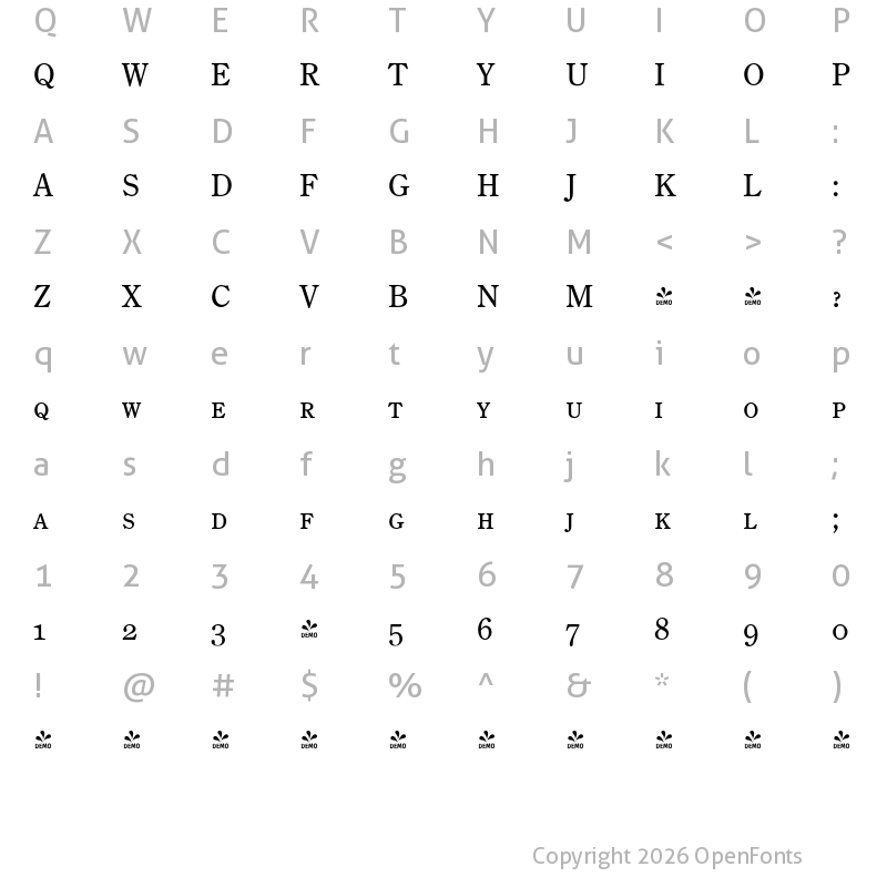 Character Map of FONTSPRING DEMO - Century Old Style Pro Caps Regular