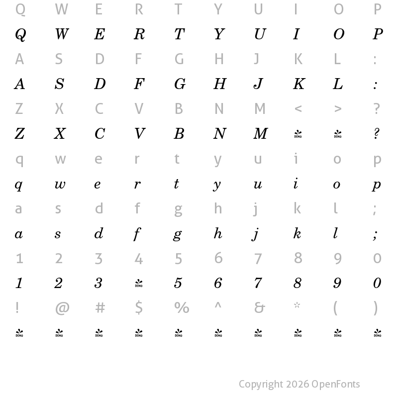 Character Map of FONTSPRING DEMO - Century PS Pro Italic