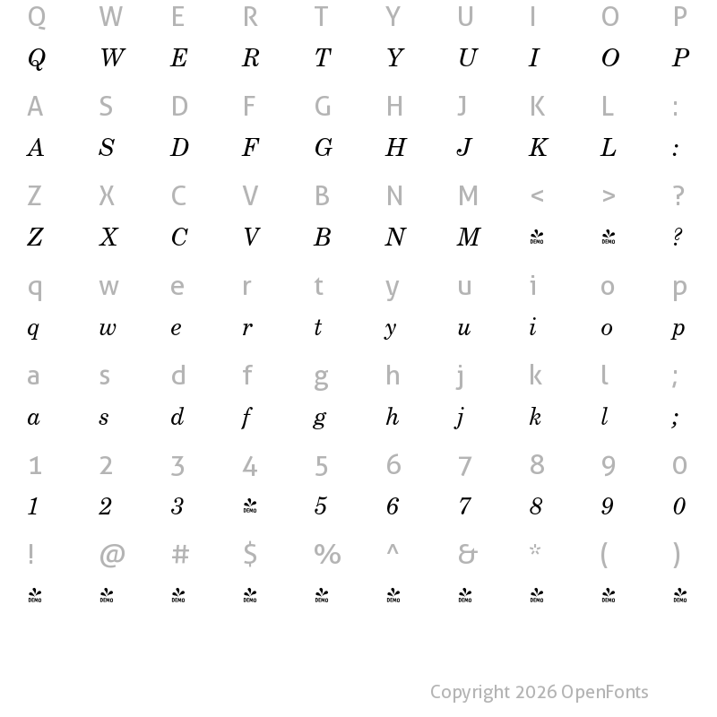 Character Map of FONTSPRING DEMO - Century Schoolbook FS Italic