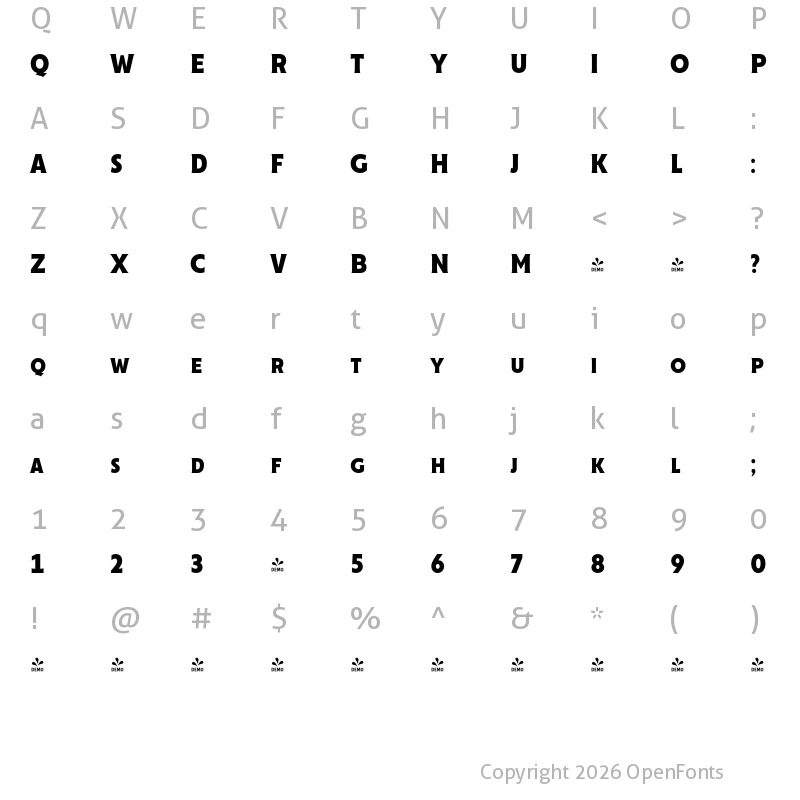 Character Map of FONTSPRING DEMO - Cenzo Flare Cond Bold Regular