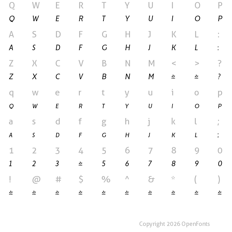Character Map of FONTSPRING DEMO - Cenzo Flare Cond Light Italic Regular