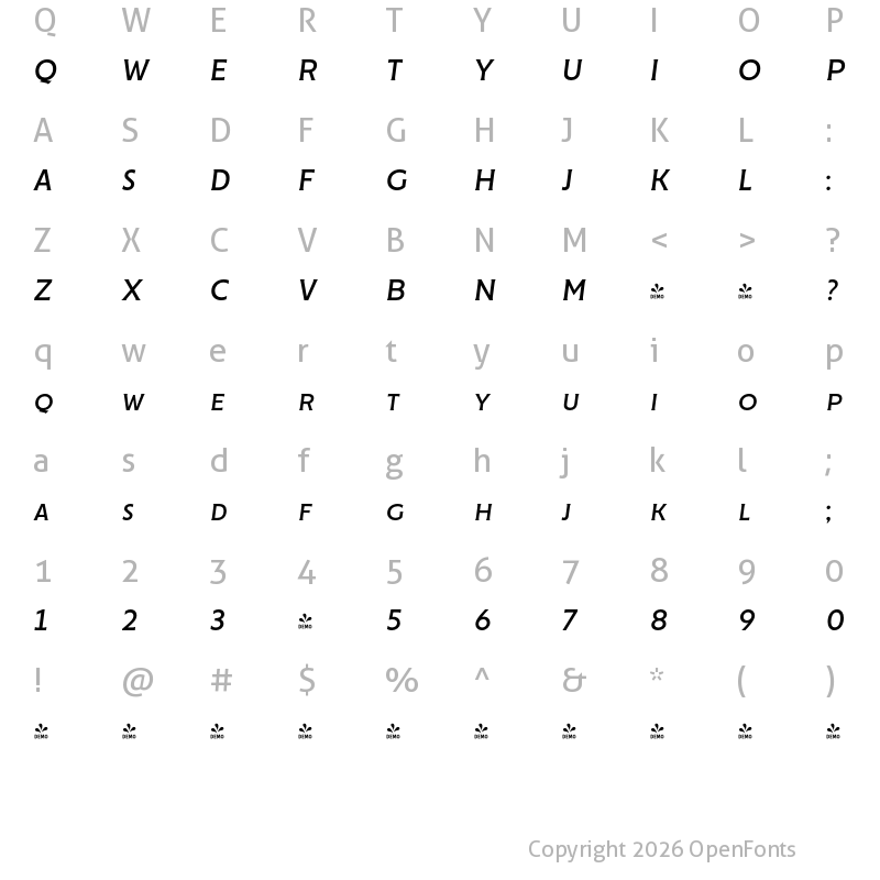 Character Map of FONTSPRING DEMO - Cenzo Flare Italic Regular