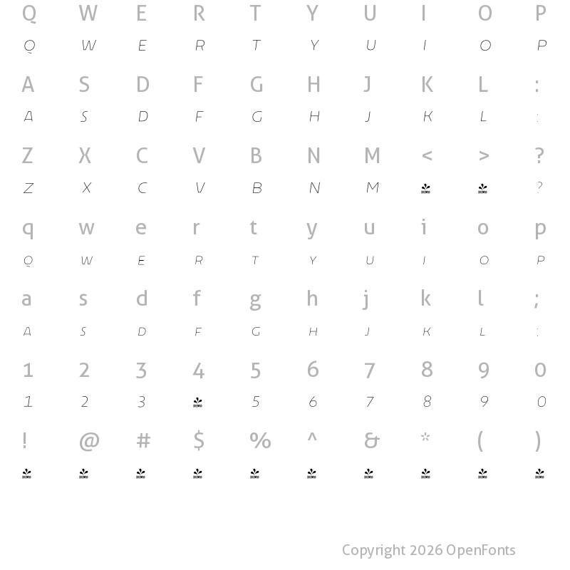 Character Map of FONTSPRING DEMO - Cenzo Flare Line Black Italic Regular