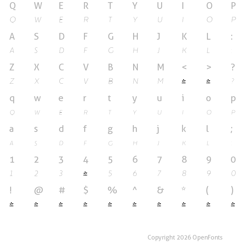 Character Map of FONTSPRING DEMO - Cenzo Flare Line Light Italic Regular