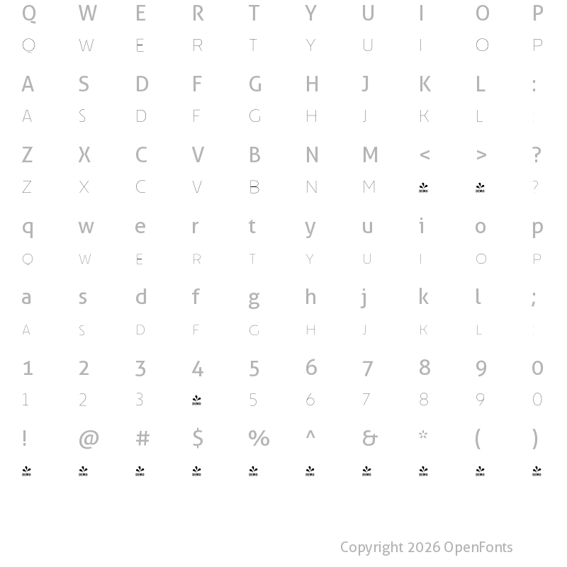Character Map of FONTSPRING DEMO - Cenzo Flare Line Light Regular