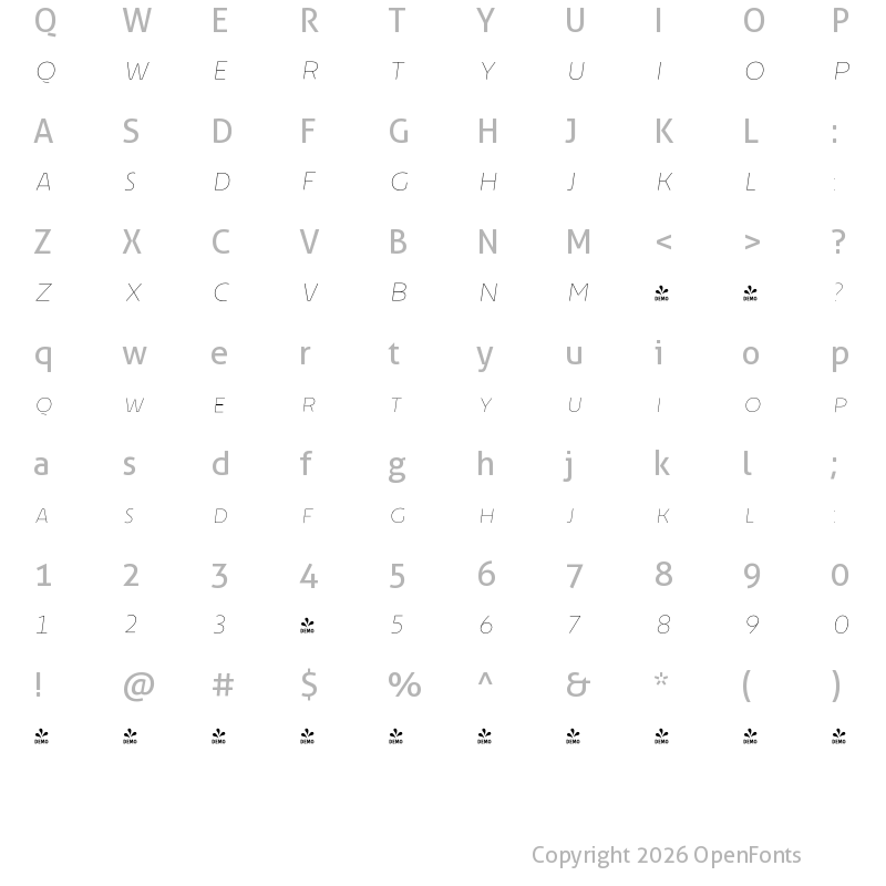 Character Map of FONTSPRING DEMO - Cenzo Flare Line Medium Italic Regular