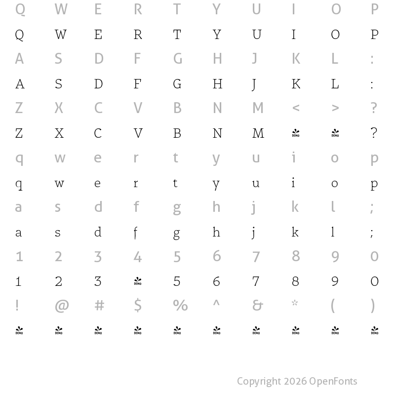 Character Map of FONTSPRING DEMO - Certa Serif ExtraLight