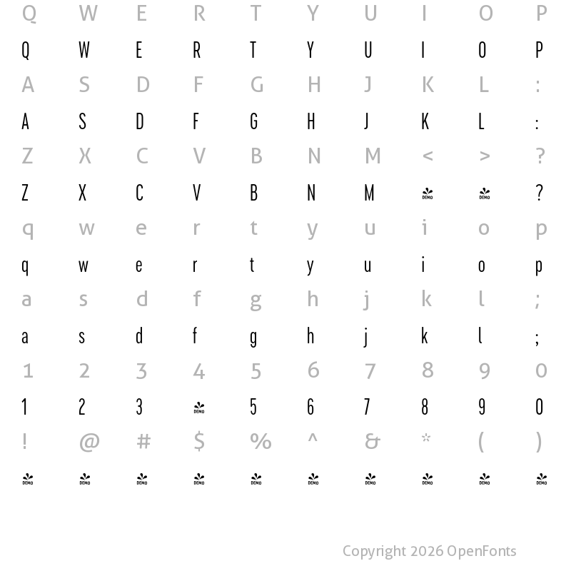 Character Map of FONTSPRING DEMO - Cervino Condensed Regular