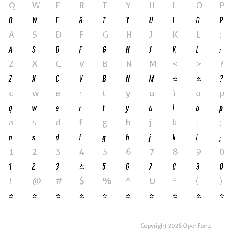 Character Map of FONTSPRING DEMO - Cervino SemiBold Cond Italic Regular