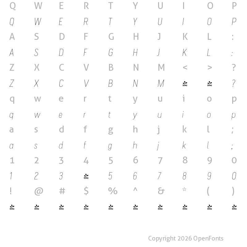 Character Map of FONTSPRING DEMO - Cervino Thin Expanded Italic Regular