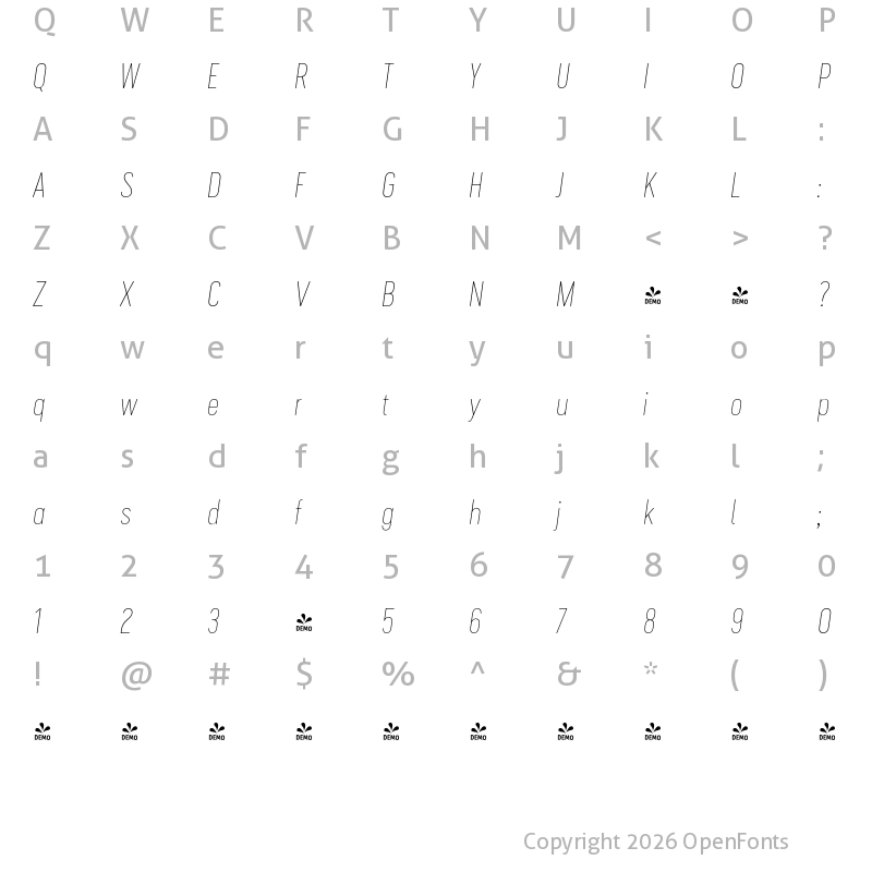 Character Map of FONTSPRING DEMO - Cervino Thin Neue Italic Regular