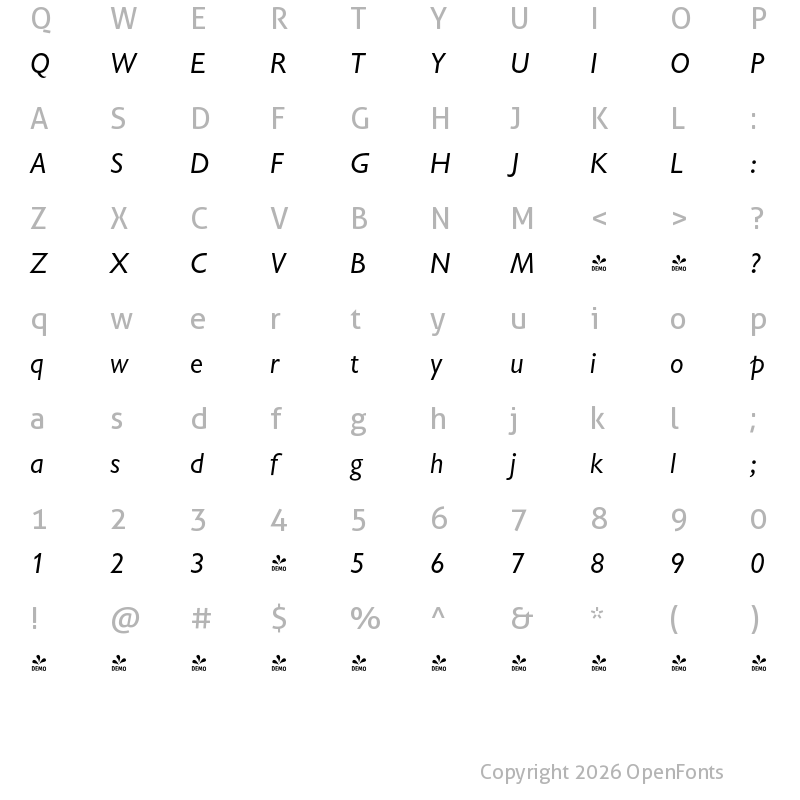 Character Map of FONTSPRING DEMO - Chantilly Italic