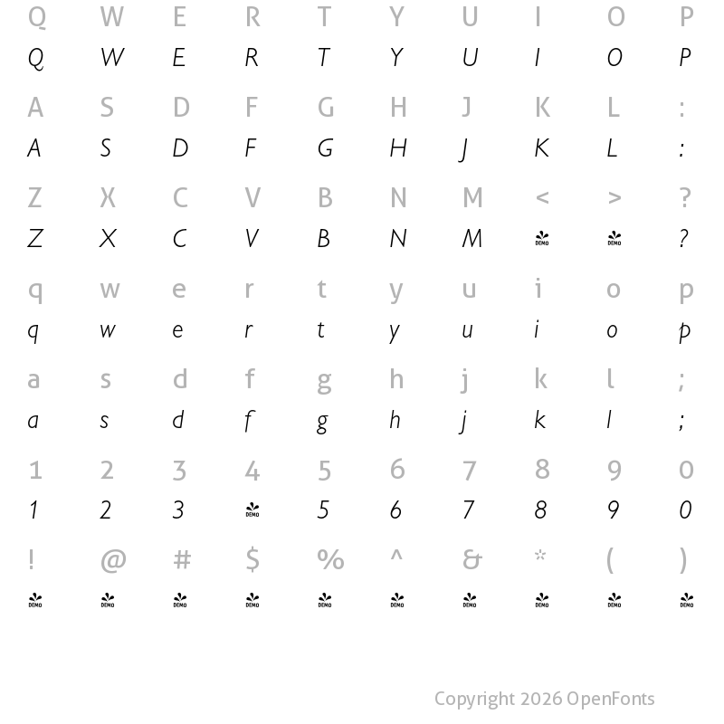 Character Map of FONTSPRING DEMO - Chantilly Light Italic