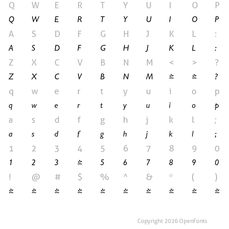 Character Map of FONTSPRING DEMO - Chantilly Pro Italic