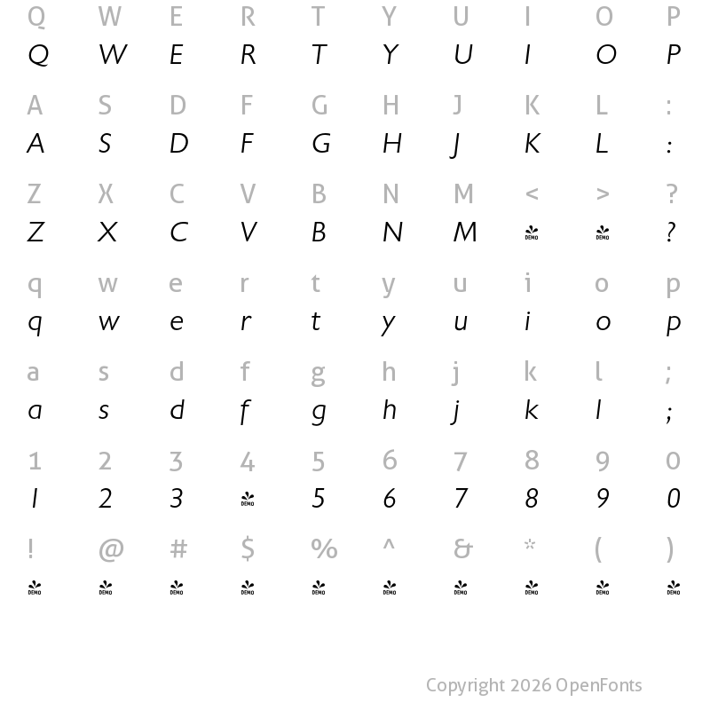 Character Map of FONTSPRING DEMO - Chantilly Serial Light Italic