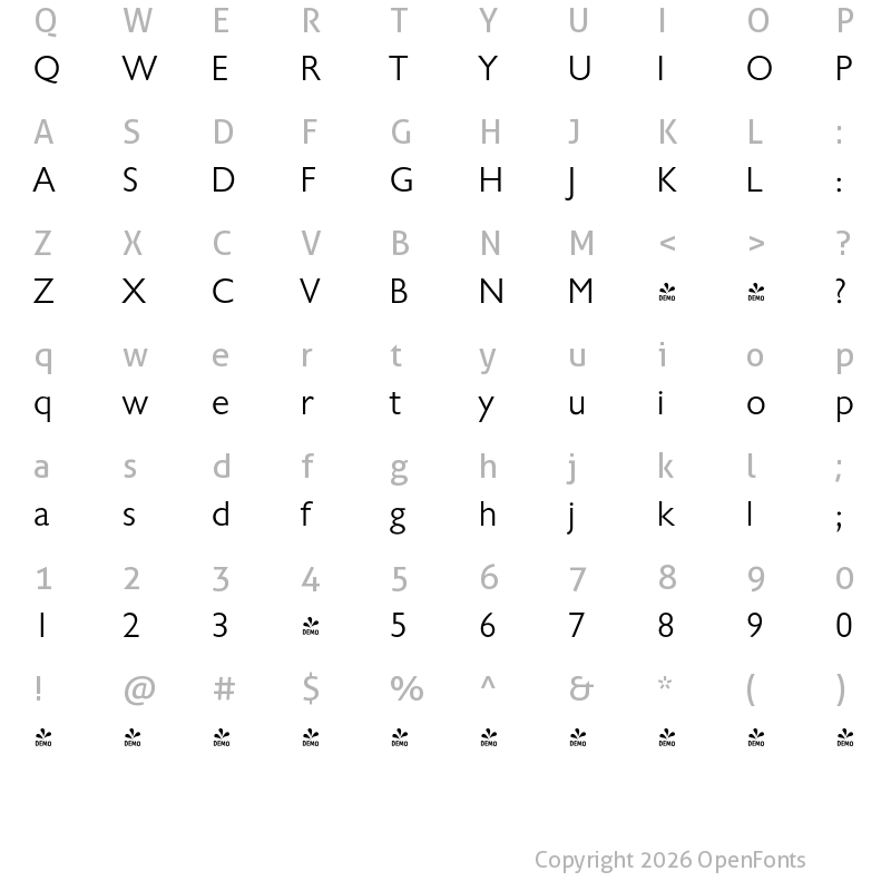 Character Map of FONTSPRING DEMO - Chantilly Serial Light Regular