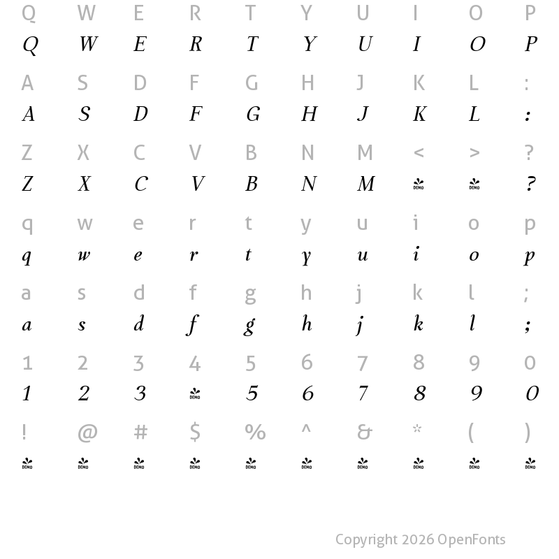 Character Map of FONTSPRING DEMO - Chaos is me Semi Bold Italic Regular