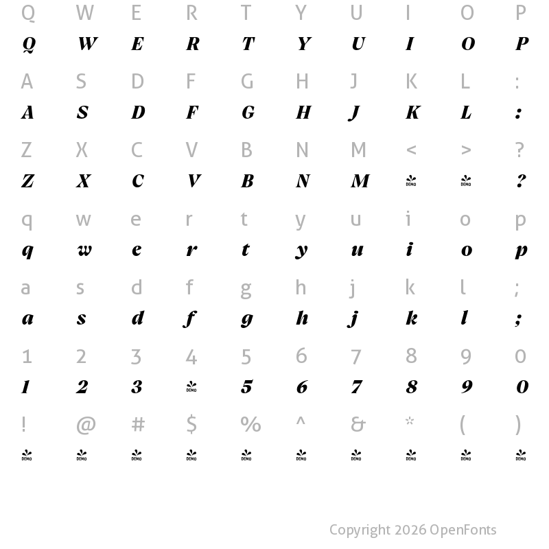 Character Map of FONTSPRING DEMO - Charlea Black Italic