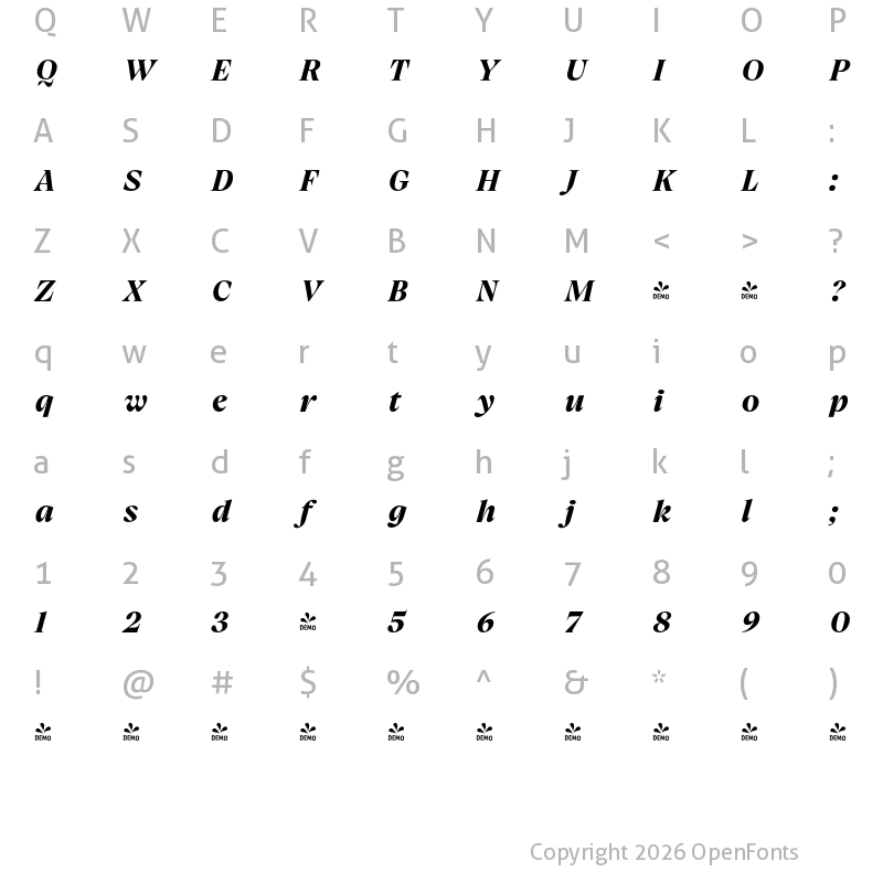 Character Map of FONTSPRING DEMO - Charlea ExtBd Italic