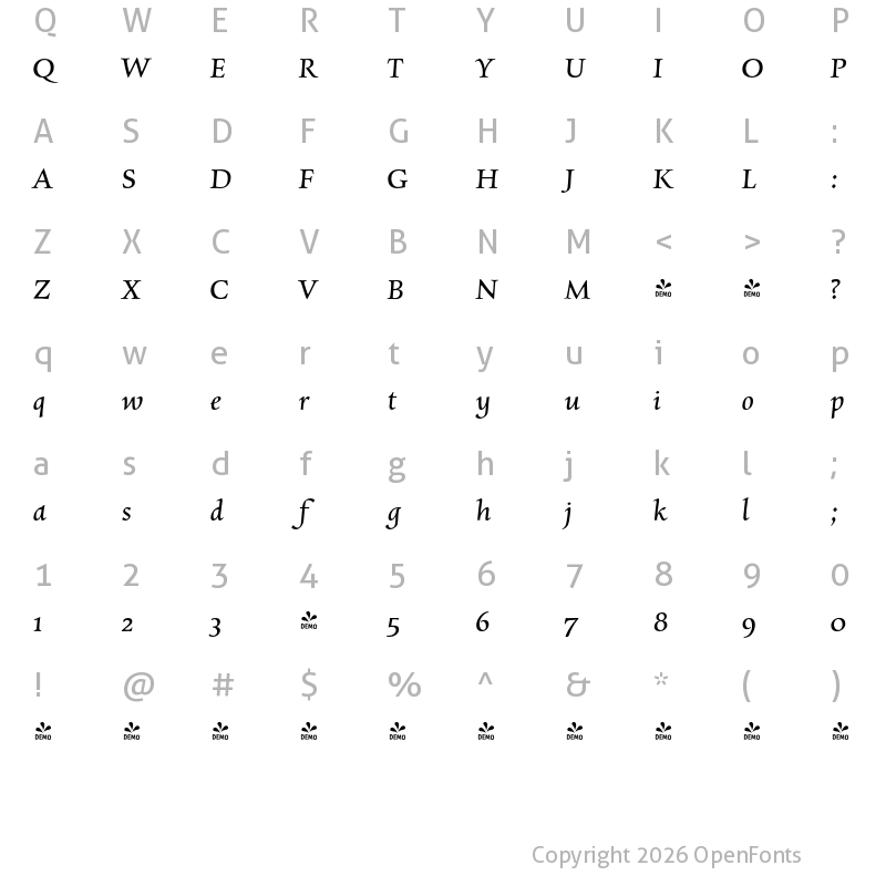 Character Map of FONTSPRING DEMO - Charpentier Renaissance Pro Italic