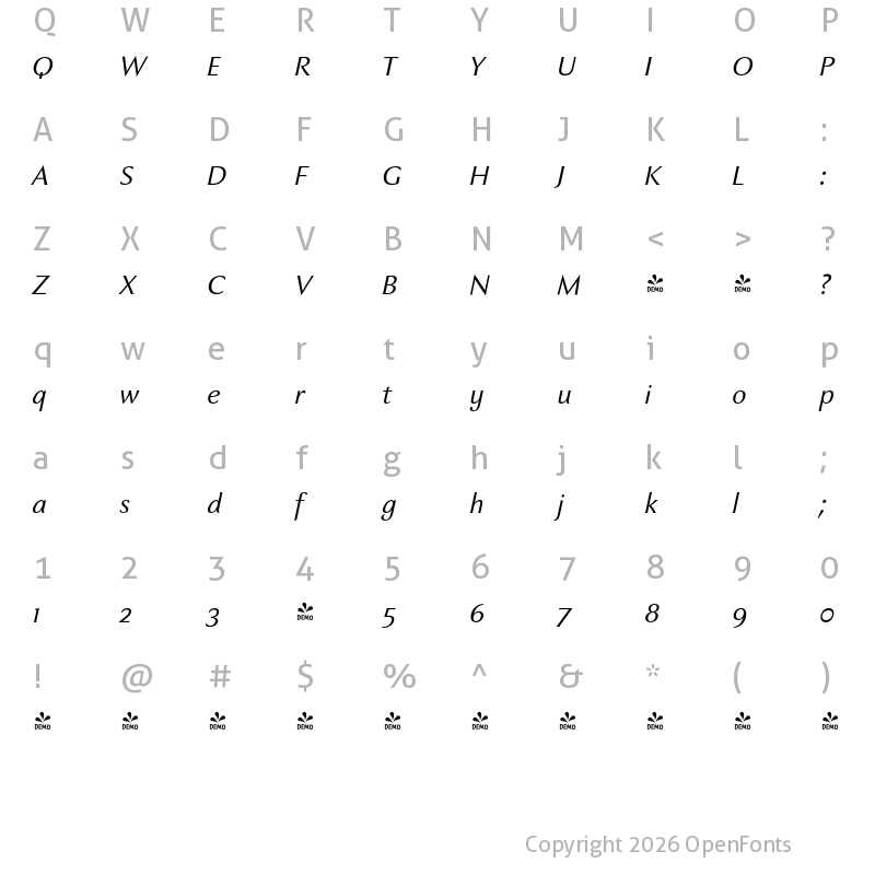 Character Map of FONTSPRING DEMO - Charpentier Sans Pro 46 Lger Italique