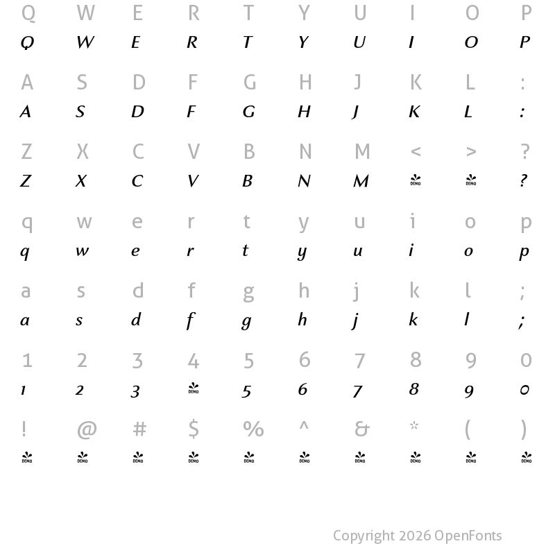 Character Map of FONTSPRING DEMO - Charpentier Sans Pro 56 Normal Italique