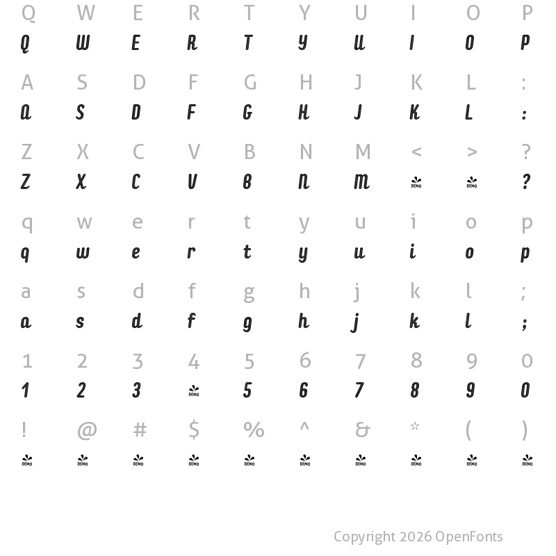 Character Map of FONTSPRING DEMO - Checkin Script Oblique IntoLine Regular