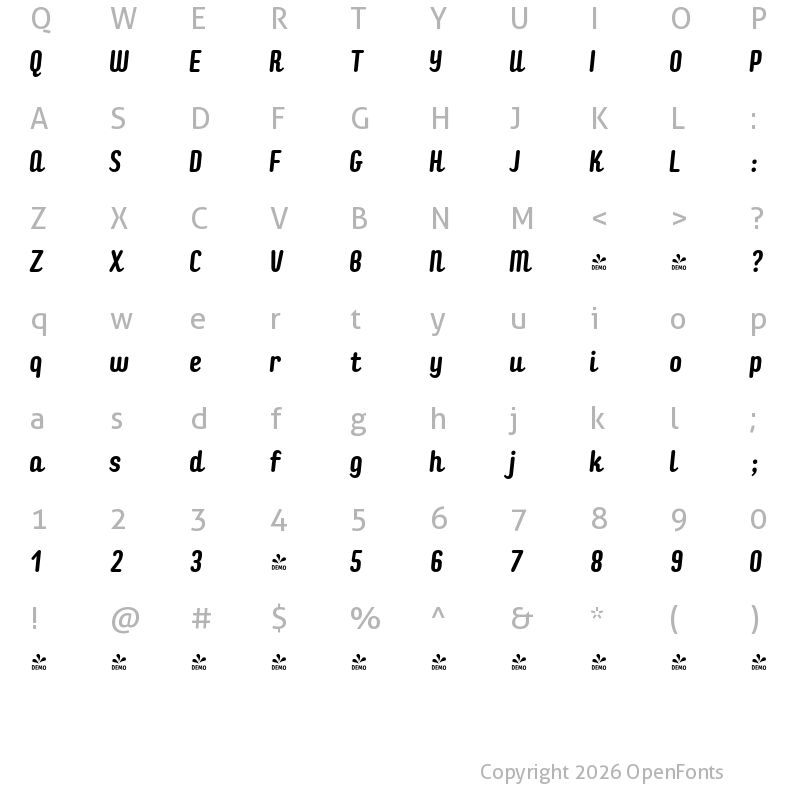Character Map of FONTSPRING DEMO - Checkin Script Oblique Regular