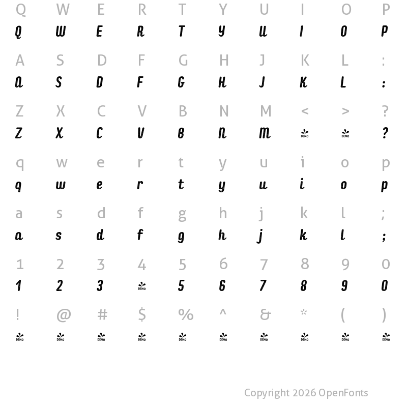 Character Map of FONTSPRING DEMO - Checkin Script Oblique Texture Regular