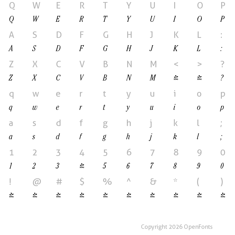 Character Map of FONTSPRING DEMO - Cheltenham FS Lt Cond Italic
