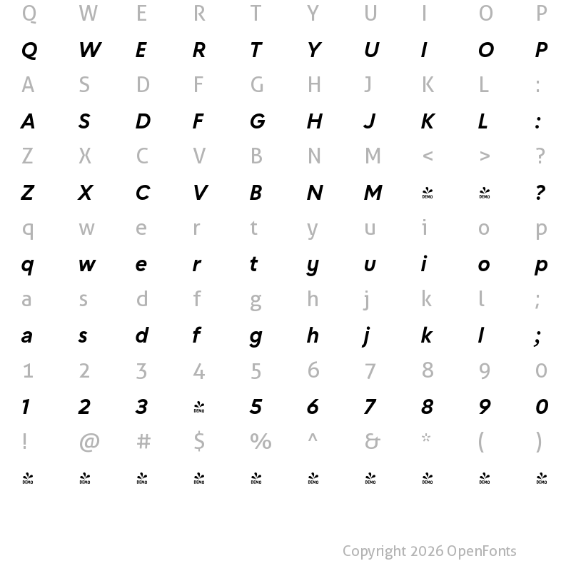 Character Map of FONTSPRING DEMO - Chesna Grotesk Bold Italic