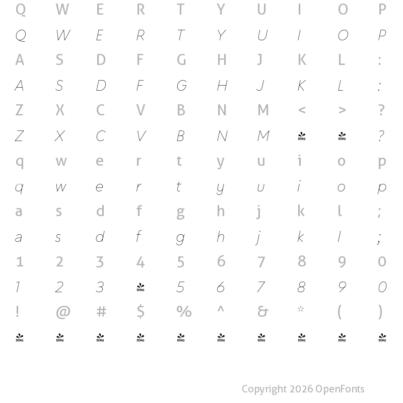 Character Map of FONTSPRING DEMO - Chesna Grotesk Thin Italic