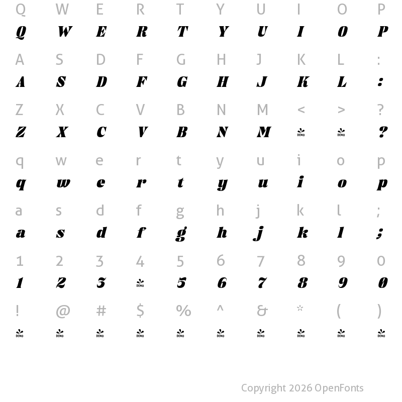Character Map of FONTSPRING DEMO - Chiefland Heavy Italic