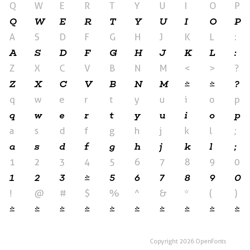 Character Map of FONTSPRING DEMO - Choplin Medium Italic