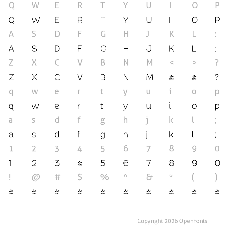 Character Map of FONTSPRING DEMO - Chopsee Light Regular