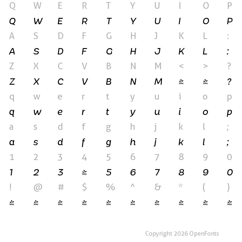 Character Map of FONTSPRING DEMO - Chopsee Medium Italic